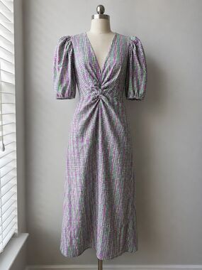 Zara Purple & Green Checked Twist-Detail Maxi Dress